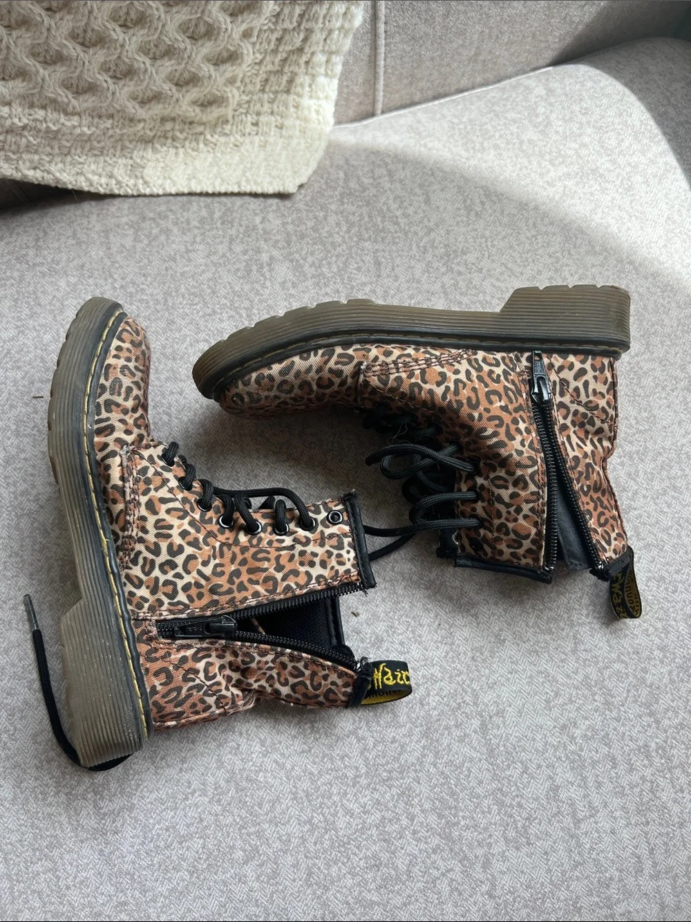 Dr. Martens Kids Leopard Combat Boots in Brown and Black